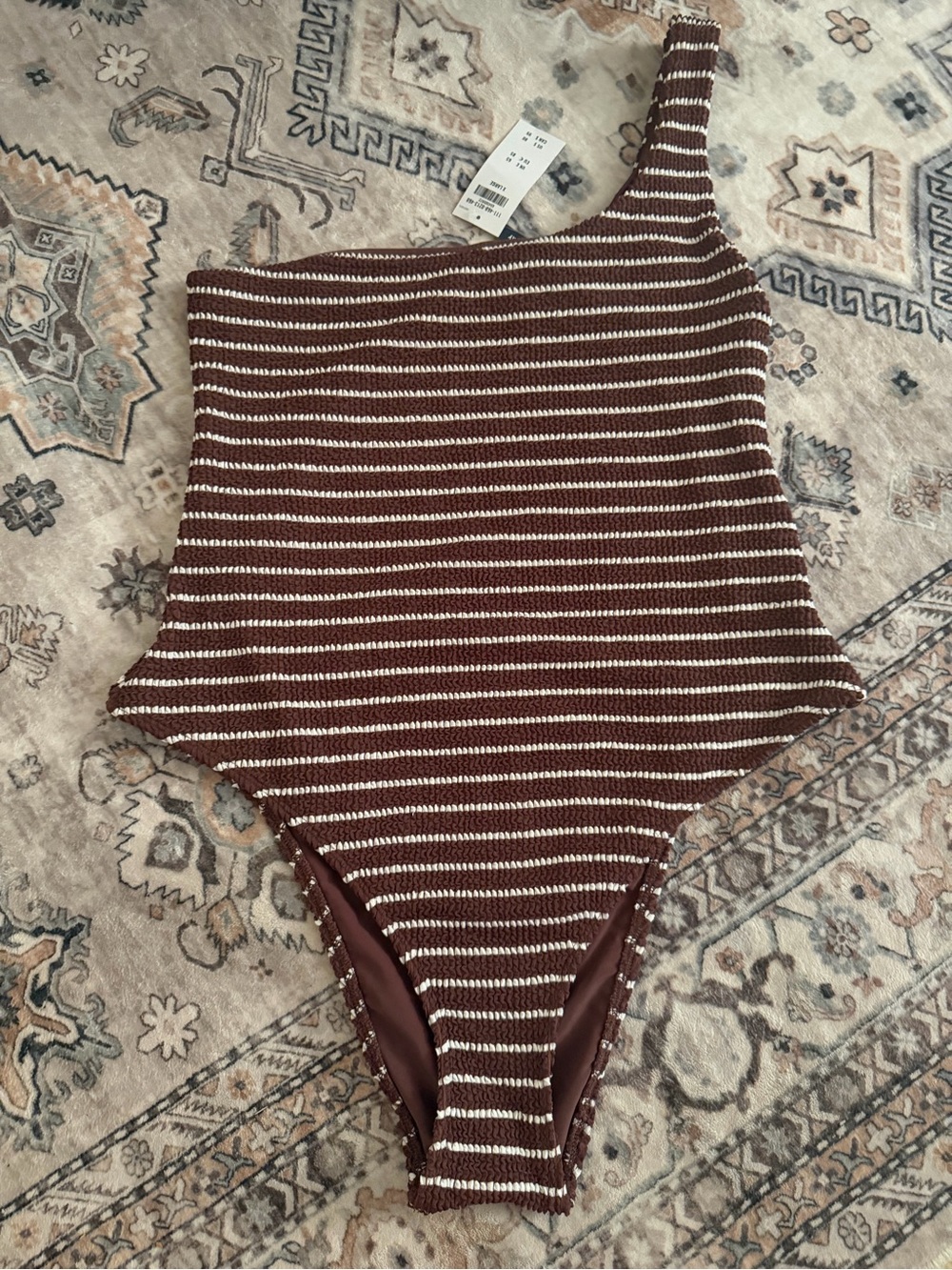 Abercrombie & Fitch Brown and White Striped One-Shoulder One-Piece Swim